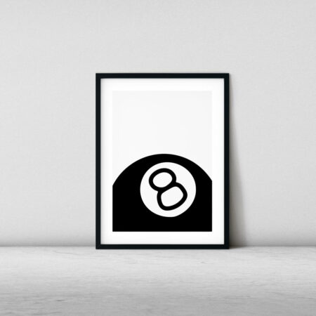 Magic 8 ball in black and white minimalist design on dark background