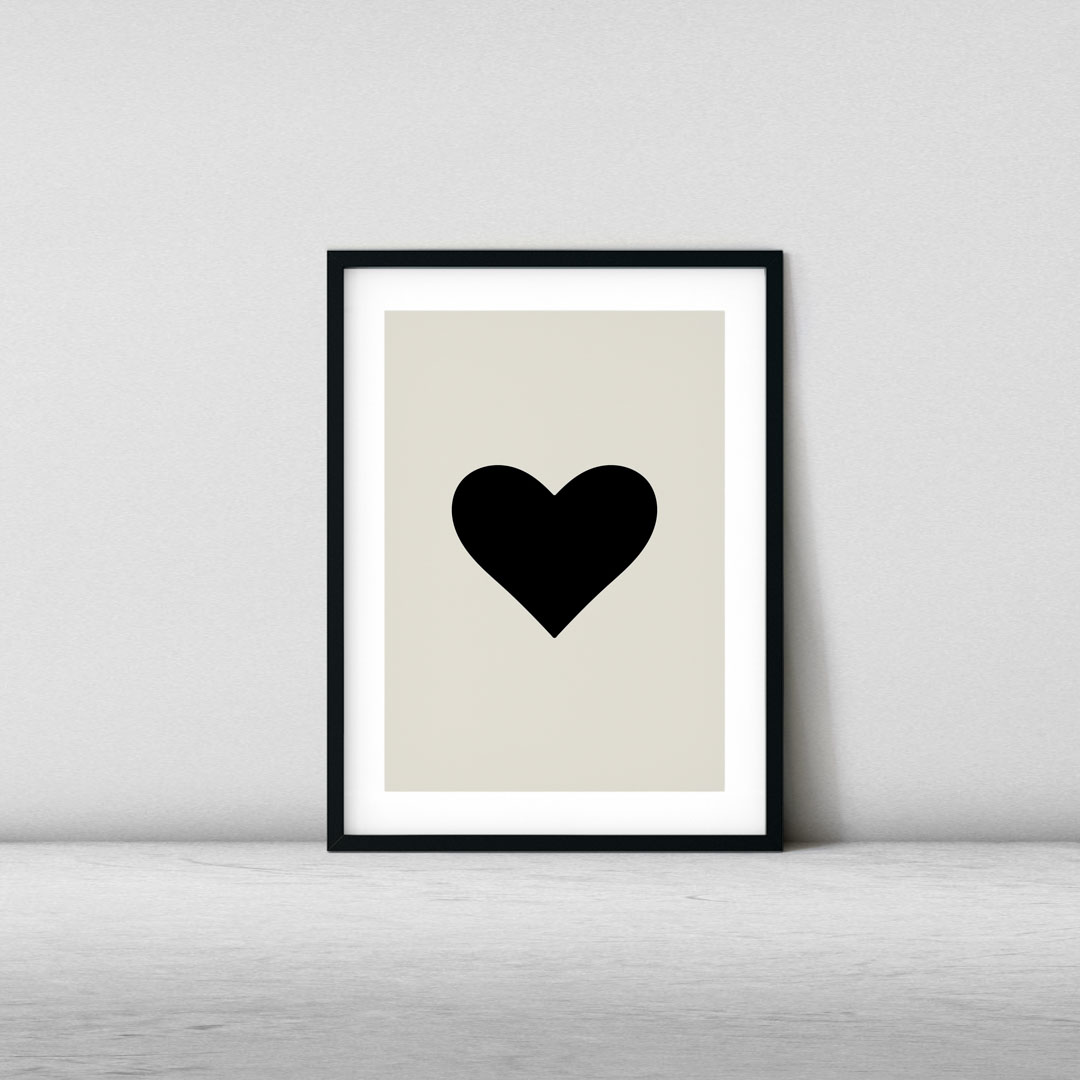 Large black heart suit symbol on light background, minimalist playing card wall art