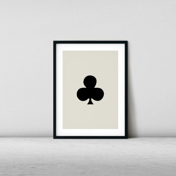 Large black club suit symbol on light background, minimalist playing card wall art